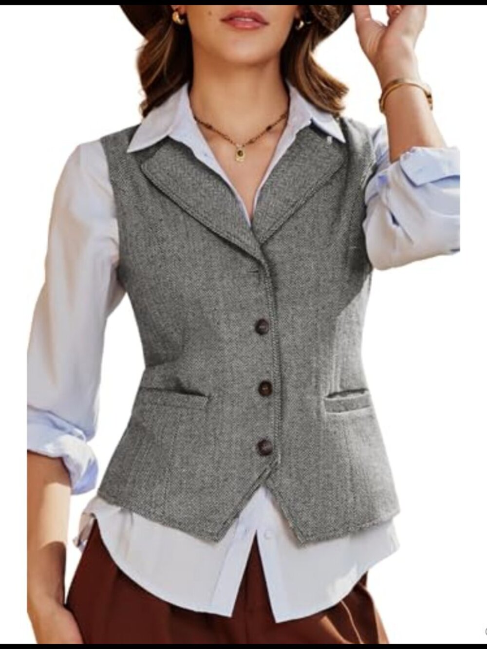 Herringbone Tweed Waistcoat Business Casual Suit Vest Notch Lapel Adjustable